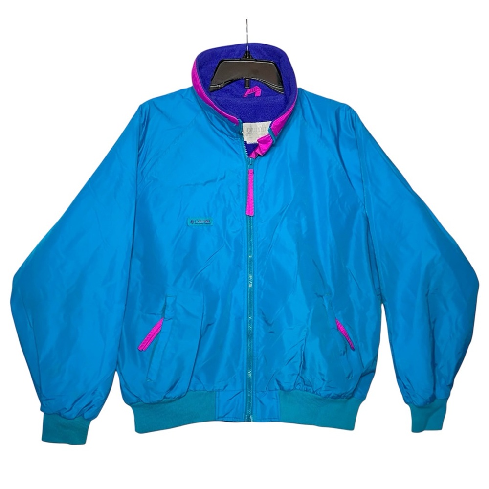 Vintage Retro Columbia Teal Outdoor Ski Jacket w Purple Fleece Lining
